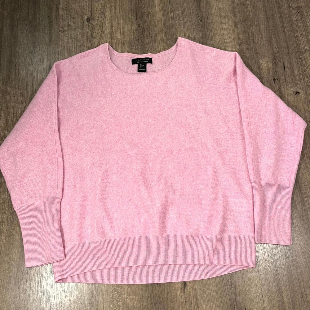 Tahari Sweater 100% Cashmere Orchid Pink Dolman Sleeve Crew Neck Womens XL